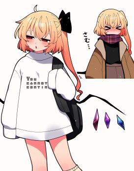 >_< 1girl absurdres alternate_costume backpack bag black_bag black_bow black_shirt blonde_hair blue_scarf bow brown_coat coat commentary_request crystal_wings english_text feet_out_of_frame flandre_scarlet gradient_hair hair_between_eyes hair_bow highres long_hair long_sleeves looking_to_the_side multicolored_hair multiple_views open_mouth oversized_clothes plaid_clothes plaid_scarf print_sweater red_eyes red_hair scarf shirt side_ponytail sleeves_past_fingers sleeves_past_wrists sweater touhou translation_request two-tone_hair upper_body white_sweater wings you_(noanoamoemoe)