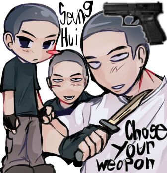 1boy :d animification arms_at_sides artist_request bare_arms black_eyes black_hair black_shirt blush_stickers brown_pants brown_shoes buzz_cut character_name closed_mouth dagger deformed english_text fewer_digits fingerless_gloves frown full_body gloves grin gun hair_behind_ear hand_up handgun highres holding holding_dagger holding_knife holding_weapon knife looking_at_viewer lower_teeth_only male_focus multiple_views no_nose open_mouth pants real_life seung-hui_cho shirt shoes short_hair short_sleeves simple_background single_blush_sticker smile source_request t-shirt teeth third-party_source tsurime upper_body very_short_hair weapon white_background white_shirt