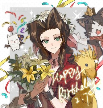 1girl aerith_gainsborough bangle bird black_fur border bouquet bracelet braid braided_ponytail brown_hair cait_sith_(final_fantasy) cape chocobo choker closed_mouth confetti creature crown dated dress final_fantasy final_fantasy_vii flower gloves green_eyes grey_background hair_flower hair_ornament hair_ribbon happy_birthday head_wreath highres holding holding_bouquet jacket jewelry linerhan long_hair mini_crown moogle open_mouth parted_bangs pink_dress pink_ribbon puffy_short_sleeves puffy_sleeves red_cape red_jacket ribbon ribbon_choker short_sleeves sidelocks single_braid smile sparkle streamers tuxedo_cat two-tone_fur upper_body white_border white_flower white_fur white_gloves yellow_flower