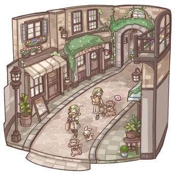 2girls :d animal bag bakery bear boots bread building chigu closed_eyes coat commentary_request day door food highres holding holding_bag holding_hands lantern mittens multiple_girls musical_note open_mouth original outdoors plant potted_plant purple_mittens rabbit shop sign skirt smile speech_bubble spoken_musical_note thought_bubble walking