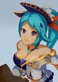 1girl bare_shoulders blue_eyes blue_hair book breasts cleavage hair_ornament highres hyrule_warriors jewelry lana_(hyrule_warriors) large_breasts looking_at_viewer magical_girl necklace nintendo ponytail simple_background splashbrush the_legend_of_zelda