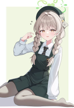 1girl absurdres alternate_costume alternate_hairstyle beret black_necktie blonde_hair blue_archive blush border braid brown_background brown_eyes brown_hair brown_pantyhose collared_shirt commentary diagonal-striped_clothes diagonal-striped_necktie dress flying_sweatdrops green_dress green_halo green_hat grey_pantyhose hair_over_shoulder halo hand_up hat highres long_hair long_sleeves looking_at_viewer low_twintails miyo_(blue_archive) necktie no_shoes pantyhose parted_lips pinafore_dress puffy_long_sleeves puffy_sleeves shadow shirt sitting sleeveless sleeveless_dress sob_(submar1089) solo striped_clothes striped_necktie twin_braids twintails wariza wavy_mouth white_border white_shirt yellow_eyes
