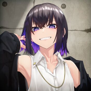 1girl armpits black_hair black_jacket collarbone collared_shirt colored_inner_hair commentary_request fang grin hair_between_eyes highres jacket kis_sako multicolored_hair original purple_eyes purple_hair shirt sleeveless sleeveless_shirt smile solo teeth white_shirt zipper