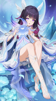 1girl absurdres barefoot black_hair cheek_pinching columbina_(genshin_impact) commentary_request dress flower full_body genshin_impact gradient_hair hair_ornament highres in-universe_location knees_up looking_at_viewer luonnotar_(genshin_impact) multicolored_hair open_mouth pinching purple_eyes purple_hair rx-c sitting solo streaked_hair toenails toes unusually_open_eyes white_dress wing_hair_ornament