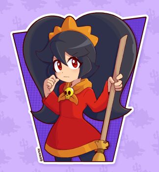 1girl absurdres ashley_(warioware) big_hair black_hair black_pantyhose broom closed_mouth dress efextex hair_between_eyes hairband highres holding holding_broom long_hair long_sleeves looking_at_viewer neckerchief nintendo orange_hairband orange_neckerchief pantyhose purple_background red_dress red_eyes skull_ornament solo twintails twitter_username very_long_hair warioware
