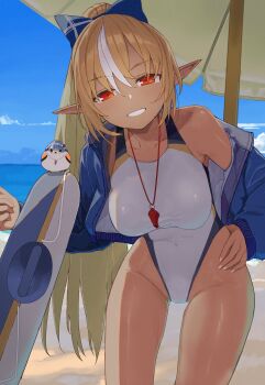 Rule 34 | 1girl, absurdres, alternate costume, beach, beach umbrella, blonde hair, blue archive, blue jacket, blue sky, blush, bouhuman, bow, breasts, collarbone, commentary, commission, competition swimsuit, cosplay, covered navel, cowboy shot, dark-skinned female, dark elf, dark skin, elf, groin, hair bow, hand on own hip, high ponytail, highleg, highleg one-piece swimsuit, highres, hololive, jacket, jacket partially removed, kanna (blue archive), kanna (blue archive) (cosplay), kanna (swimsuit) (blue archive), large breasts, leaning forward, lifebuoy, lifeguard, long hair, looking at viewer, multicolored swimsuit, ocean, one-piece swimsuit, open clothes, open jacket, orange eyes, pointy ears, ponytail, shiranui flare, shore, sky, smile, solo, swim ring, swimsuit, tan, thigh gap, umbrella, virtual youtuber, whistle, whistle around neck
