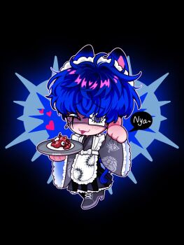 :p animal_ears apron black_background blue_background blue_eyes blue_hair bow cat_boy cat_ears cat_tail centipede_print chailiru chibi chin_piercing crack crossdressing crossdressing_(mtf) earrings english_text entrails eye_print eyeball face_piercing full_body heart highres japanese_clothes jewelry kimono maid maid_apron maid_headdress male_maid omokage_yugamu one_eye_covered organs piercing plate print_eyepatch single_earring speech_bubble tail the_hundred_line_-last_defense_academy- tongue tongue_out twitter_username two-tone_background wa_maid white_bow