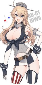 1girl absurdres american_flag american_flag_legwear american_flag_print asymmetrical_legwear belt blonde_hair blue_eyes blue_gloves breasts brown_belt cleavage commentary_request cowboy_shot elbow_gloves english_text fingerless_gloves flag_print front-tie_top garter_straps gloves hair_between_eyes hand_on_own_hip headgear highres iowa_(kancolle) kantai_collection kayo-0113 large_breasts long_hair looking_at_viewer mismatched_legwear navel open_mouth simple_background skirt smile solo star-shaped_pupils star_(symbol) striped_clothes striped_skirt striped_thighhighs symbol-shaped_pupils thighhighs twitter_username vertical-striped_clothes vertical-striped_skirt vertical-striped_thighhighs white_background