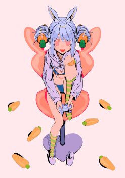 1girl absurdres animal_ears animal_slippers bandaid bandaid_on_knee bandaid_on_leg blue_hair bunny_slippers carrot carrot_hair_ornament commentary controller food-themed_hair_ornament game_controller hair_ornament highres holding holding_controller holding_game_controller hololive horizontal-striped_socks matumot rabbit_ears rabbit_girl screentones simple_background slippers solo usada_pekora virtual_youtuber