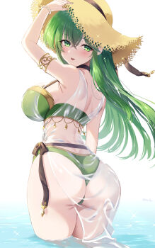 1girl :d arm_up armlet ass awayuki_ramika bare_back bikini blush breasts commentary_request fire_emblem fire_emblem_echoes:_shadows_of_valentia fire_emblem_heroes flower from_behind green_bikini green_eyes green_hair green_nails hair_flower hair_ornament hat highres jewelry large_breasts light_smile long_hair looking_at_viewer looking_back nintendo ocean official_alternate_costume open_mouth outdoors palla_(fire_emblem) palla_(summer)_(fire_emblem) sarong see-through_clothes see-through_sarong smile solo straw_hat sun_hat swimsuit thick_thighs thighs tongue tongue_out very_long_hair wading water