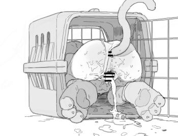 1girl after_vaginal aftersex all_fours anal_beads anal_tail animal_hands ass bikini bikini_bottom_aside butt_plug cat_tail clothing_aside cum cum_in_pussy fake_tail gloves greyscale hair_ribbon loli monochrome original paw_gloves pet_carrier possummachine pussy ribbon simple_background sketch swimsuit tail top-down_bottom-up white_background