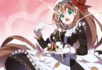 1girl apron black_dress breasts brown_hair bukkake cake commission cum cum_in_mouth cum_on_body cum_on_clothes cum_on_food cum_on_hair dress eating ejaculation facial female_focus food food_on_body food_on_breasts fork fruit gloves green_eyes hair_ribbon hat holding holding_fork iris_(mega_man) kaidou_zx long_hair medium_breasts mega_man_(series) mega_man_x_(series) mega_man_x_dive official_alternate_costume pixiv_commission ribbon solo strawberry surprised valentine very_long_hair white_apron white_gloves white_hat