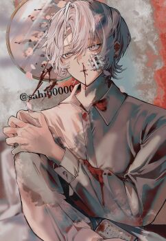 1boy bandaid bandaid_on_face bandaid_on_forehead blood blood_drip blood_on_clothes closed_mouth collared_shirt commentary_request gauze gauze_on_cheek gauze_on_face hair_between_eyes hand_on_own_shoulder highres indoors long_sleeves looking_to_the_side male_focus nosebleed on_bed original pink_eyes sahi00000 shirt short_hair solo upper_body white_hair white_shirt