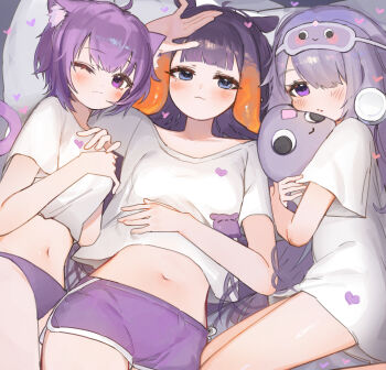 Rule 34 | 3girls, :3, absurdres, ahoge, animal ears, blue eyes, blunt bangs, cat ears, cat girl, cat tail, center-flap bangs, chocosong, clothes lift, commentary request, crossed bangs, dolphin shorts, double-parted bangs, gradient hair, hair between eyes, hair over one eye, highres, hololive, hololive english, koseki bijou, koseki bijou (pebble pajamas), long hair, long shirt, looking at viewer, lying, mask, mask on head, messy hair, mole, mole under eye, multicolored hair, multiple girls, navel, nekomata okayu, ninomae ina'nis, no pants, on back, on side, one eye closed, orange hair, panties, pebble (koseki bijou), pointy ears, purple eyes, purple hair, purple panties, purple shorts, shirt, shirt lift, short hair, short shorts, shorts, sidelocks, t-shirt, tail, takodachi (ninomae ina'nis), tentacle hair, underwear, very long hair, virtual youtuber, white shirt