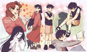 1boy 3girls ahoge animal ankle_socks antenna_hair artist_name bare_arms black_cat black_eyes black_hair black_shoes black_sweater_vest border brother_and_sister brown_shorts brown_skirt cardigan cat closed_eyes closed_mouth collarbone colored_skin commentary cropped_torso crossed_arms curly_hair denim double-parted_bangs earrings english_commentary expressionless frown full_body grey_jacket grey_pants hair_behind_ear hair_between_eyes hair_tie hand_on_own_cheek hand_on_own_face hand_up highres holding holding_sketchbook hood hood_down hooded_jacket jacket jeans jewelry jitome kneehighs knees_together_feet_apart knees_up leaf loafers long_hair long_sleeves looking_ahead looking_at_viewer low-tied_long_hair maple_leaf mari_(faraway)_(omori) mari_(omori) mari_(spirit)_(omori) mary_janes medium_hair mewo miniskirt mother_and_daughter mother_and_son multiple_girls multiple_views neck_ribbon necklace no_pupils official_alternate_costume official_alternate_hairstyle omori on_grass open_clothes open_jacket outside_border own_hands_together pants pencil pencil_behind_ear plaid_background pleated_skirt puffy_long_sleeves puffy_sleeves red_background red_cardigan red_hair red_lips red_ribbon red_shirt red_skirt ribbon shirt shoes short_hair short_sleeves shorts siblings simple_background sketchbook skirt smile socks spoilers standing sunny&#039;s_mom_(omori) sunny_(omori) sweater_vest u_u upper_body v_arms very_long_hair very_short_hair watermark white_border white_shirt white_skin white_socks zipsunz