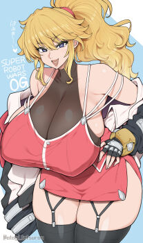alternate_breast_size_(larger) bare_shoulders black_gloves black_thighhighs blonde_hair blue_eyes breasts bright_pupils cleavage copyright_name cowboy_shot dress excellen_browning fingerless_gloves garter_straps gloves hand_on_own_hip heart heart_in_mouth high_ponytail highres huge_breasts jacket long_hair long_sleeves looking_at_viewer off_shoulder open_mouth otogi_tetsurou ponytail red_dress see-through_cleavage see-through_clothes short_dress side_slit sleeveless sleeveless_dress smile super_robot_wars super_robot_wars_original_generation thighhighs translation_request white_jacket white_pupils