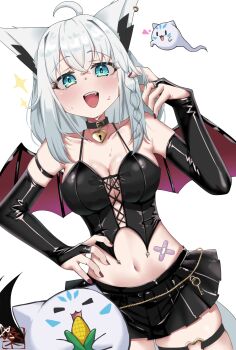 1girl adjusting_hair ahoge animal_ear_fluff animal_ears black_gloves black_skirt blush braid breasts bridal_gauntlets commentary_request demon_wings earrings fox_ears fox_girl fox_tail gloves green_eyes hair_between_eyes hand_on_own_hip heart-shaped_lock highres hololive jewelry long_hair looking_at_viewer medium_breasts miniskirt navel open_mouth red_nails shirakami_fubuki sidelocks simple_background single_braid skirt sskmsss stomach sukonbu_(shirakami_fubuki) tail thigh_strap virtual_youtuber white_background white_hair wings