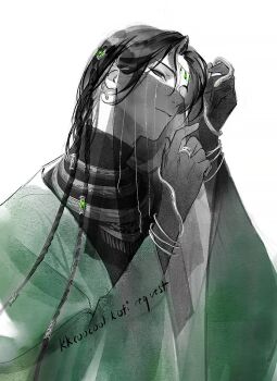 1boy artist_name black_gloves black_hair black_veil bracelet braid chinese_clothes commentary earrings english_commentary erha_he_ta_de_bai_mao_shizun gloves green_hanfu grey_eyes hanfu hua_binan jewelry kkcoocool long_hair long_sleeves looking_at_viewer male_focus mouth_veil multiple_braids parted_lips ring silver_bracelet snake_earrings solo veil white_background wide_sleeves