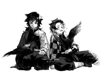 2boys absurdres belt bird blush buttons checkered_haori closed_eyes closed_mouth commentary copyright_name crow demon_slayer_uniform earrings english_text full_body greyscale hanafuda_earrings haori highres japanese_clothes jewelry jowell_she kamado_tanjirou kimetsu_no_yaiba long_hair long_sleeves looking_at_animal male_focus monochrome multiple_boys open_mouth pants petting scar scar_on_face scar_on_forehead serious short_hair simple_background sitting symbol-only_commentary teeth tomioka_giyuu twitter_username upper_teeth_only wariza white_background