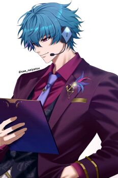 Rule 34 | 1boy, blue hair, brant (wuthering waves), closed mouth, collared shirt, commentary, hand in pocket, headset, highres, holding, jacket, male focus, multicolored hair, necktie, official alternate costume, pink eyes, purple jacket, purple necktie, purple shirt, sae naiyatsu, shirt, short hair, simple background, smile, solo, streaked hair, symbol-only commentary, twitter username, upper body, vest, waistcoat, white background, wuthering waves