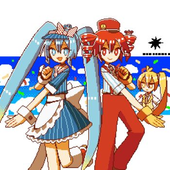 3girls :d :| akita_neru apron aqua_eyes aqua_hair black_necktie blonde_hair blue_dress blue_hat closed_mouth collared_shirt commentary_request dress drill_hair gloves hands_on_own_hips hat hatsune_miku highres kasane_teto long_hair looking_at_another looking_at_viewer mesmerizer_(vocaloid) midoxxrx multiple_girls necktie open_mouth outstretched_arm outstretched_hand pants pixel_art red_hair red_hat red_pants red_suspenders ribbon shirt shoes short_sleeves side_ponytail smile socks standing standing_on_one_leg striped_clothes striped_dress striped_shirt twintails utau vertical-striped_clothes vertical-striped_dress vertical-striped_shirt vocaloid waist_apron yellow_eyes yellow_gloves