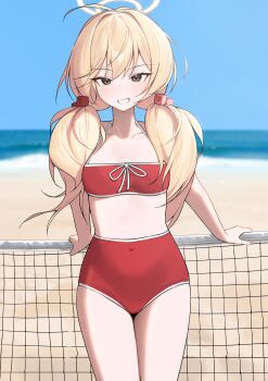 1girl absurdres alternate_costume alternate_hairstyle beach bikini blonde_hair blue_archive blush breasts commentary grin halo highres looking_at_viewer low_twintails midriff momocadraw ocean red_bikini small_breasts smile solo strapless strapless_bikini swimsuit twintails yellow_eyes yellow_halo yoshimi_(blue_archive)
