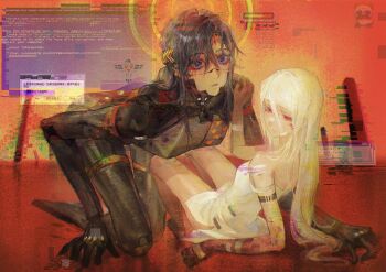 2girls ariane_yeong arm_support bandages bandaid bandaid_on_face bandaid_on_nose black_hair blood blood_on_face blue_eyes blue_screen_of_death breasts chinese_text dress english_text error_message falke_(signalis) glitch halo hashtag-only_commentary highres iculovedom laurel_crown long_arms long_hair long_legs medium_hair multiple_girls no_feet red_eyes robot_girl short_hair signalis size_difference watermark white_dress white_hair yuri