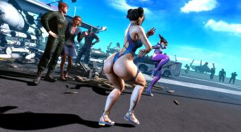 3d 3girls absurdres alternate_costume ass back bare_legs bare_shoulders blue_one-piece_swimsuit bodysuit bracelet brown_hair capcom chun-li curvy double_bun fighting fighting_stance hair_bun han_juri highleg highleg_one-piece_swimsuit highres huge_ass jewelry looking_at_another multiple_girls official_alternate_costume one-piece_swimsuit outdoors parted_lips ryona shiny_skin skindentation sky standing street_fighter street_fighter_6 stretching swimsuit thighlet third-party_edit thong_one-piece_swimsuit wide_hips