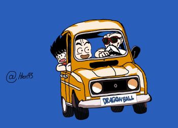 Rule 34 | 3boys, beard, blue background, car, dougi, dragon ball, dragon ball (classic), facial hair, hashtag-only commentary, hat, kuririn, motor vehicle, multiple boys, muten roushi, old, old man, open mouth, renault, simple background, son goku, spiked hair, sunglasses, yellow car
