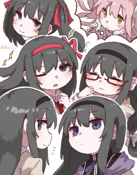 2girls akemi_homura akemi_homura_(magical_girl) black_hair blush buivi closed_eyes closed_mouth commentary_request crying glasses gloves hair_ribbon hairband hand_on_own_face highres imagining kaname_madoka long_hair mahou_shoujo_madoka_magica mahou_shoujo_madoka_magica_(anime) mitakihara_school_uniform multiple_girls notice_lines pink_hair purple_eyes red-framed_eyewear red_hairband red_ribbon ribbon school_uniform smile sparkle twitter_username ultimate_madoka white_gloves yellow_eyes