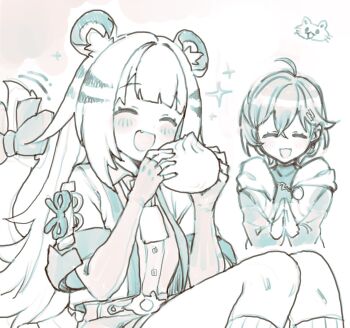 2girls :d ^_^ ahoge animal_ear_fluff animal_ears belle_(zenless_zone_zero) blush bow closed_eyes commentary_request fang fingerless_gloves food gloves hair_ornament highres holding holding_food hood hood_down ju_fufu letter_hair_ornament limited_palette multiple_girls nosir_onadat open_mouth own_hands_together smile sparkle steamed_bun striped_hair tail tail_bow tail_ornament tail_wagging tiger_ears tiger_girl tiger_stripes tiger_tail zenless_zone_zero