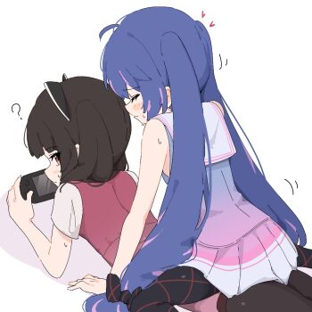 2girls black_pantyhose brown_hair closed_eyes closed_mouth commentary_request controller frottage game_controller giryu heart holding holding_controller holding_game_controller multiple_girls otomachi_una pantyhose pink_eyes pink_skirt pleated_skirt purple_hair purple_skirt sailor_collar simple_background skirt straddling touhoku_kiritan twintails voicepeak voiceroid white_background white_sailor_collar white_skirt yuri
