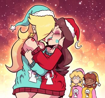 4girls bite_mark blonde_hair blush brandon_santiago brown_hair christmas closed_eyes ear_piercing earrings freckles grabbing_another's_ass groping hat jewelry kiss lipstick lipstick_mark makeup mario_(series) multiple_girls nintendo pauline_(mario) piercing princess_daisy princess_peach princessrosalina rosalina santa_hat smile surprised yuri