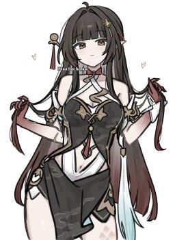 1girl ahoge bare_shoulders black_dress blunt_bangs blush breasts brown_eyes brown_hair cleavage closed_mouth clothing_cutout colored_extremities commentary_request cowboy_shot criss-cross_halter dress hair_intakes hair_ornament halterneck haruo_(haruooimo) heart highres holding holding_own_hair honkai:_star_rail honkai_(series) light_smile lingsha_(honkai:_star_rail) long_hair looking_at_viewer medium_breasts navel_cutout pointy_ears red_hands sidelocks simple_background solo tassel twitter_username very_long_hair white_background