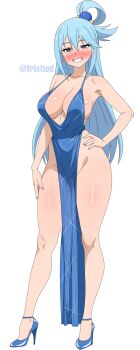 1girl absurdres alternate_costume anime_coloring aqua_(konosuba) blue_dress blue_eyes blue_hair blue_nails blue_shoes blush breasts cleavage collarbone dress frixtied full_body grin groin hair_ornament hair_rings hand_on_own_hip hand_on_own_thigh high_heels highres kono_subarashii_sekai_ni_shukufuku_wo! large_breasts legs long_hair looking_at_viewer nail_polish no_bra no_panties shoes side_slit simple_background single_hair_ring sleeveless sleeveless_dress smile solo sphere_hair_ornament standing thighs twitter_username white_background