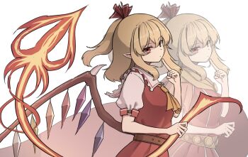 allcy49 ascot blonde_hair cape closed_mouth cowboy_shot crystal_wings flandre_scarlet from_side hand_up laevatein_(touhou) long_hair looking_at_viewer pointing pointing_at_self pointy_ears puffy_short_sleeves puffy_sleeves red_cape red_eyes ribbon shirt short_hair short_sleeves simple_background skirt touhou vest white_background white_shirt wings yellow_ascot zoom_layer