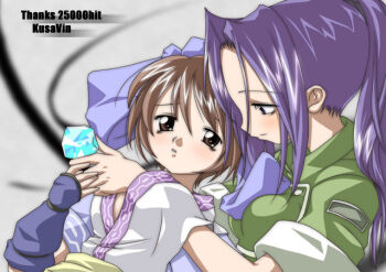 19_(nin19) 2000s_(style) anime_coloring archived_source blue_bow blue_gemstone blue_gloves blue_hair blue_sleeves blush bow breasts brown_eyes brown_hair collared_jacket commentary_request curtained_hair elbow_gloves english_text from_above gem gloves green_jacket green_sleeves grey_background hair_bow half_updo hand_under_clothes jacket japanese_clothes kimono konril korean_commentary large_bow leona_heidern long_hair looking_at_another medium_breasts milestone_celebration parted_lips profile retro_artstyle rimururu samurai_spirits sash short_hair short_sleeves sidelocks sleeve_cuffs smile snk teeth the_king_of_fighters white_kimono yellow_sash