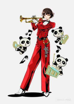 Rule 34 | 1girl, beamed eighth notes, black bow, black bowtie, blunt bangs, bow, bowtie, braid, brown hair, closed mouth, collared shirt, copyright notice, corset, crown braid, dotted eighth note, eighth note, full body, gloves, high heels, holding, holding instrument, holding trumpet, instrument, jacket, lapels, long sleeves, looking at viewer, musical note, official art, open clothes, open jacket, panda, pants, persona, persona 5, red corset, red eyes, red jacket, red pants, saitou rokuro, second-party source, shirt, shoes, short hair, simple background, smile, solo, standing, star (symbol), traditional bowtie, trumpet, white background, white gloves, white shirt, white shoes, wing collar