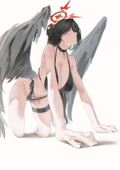 1girl absurdres all_fours bikini black_bikini black_choker black_wings blue_archive breasts choker commentary_request cross_halo feathered_wings front-tie_bikini_top front-tie_top hair_between_eyes halo hasumi_(blue_archive) hasumi_(swimsuit)_(blue_archive) highleg highleg_bikini highres huge_breasts kamiro_(kamin_r0) long_hair_between_eyes looking_at_viewer loosely_tucked_bangs low_wings official_alternate_costume official_alternate_hairstyle oversized_wings red_halo sideways_glance solo swimsuit thigh_strap white_background wings