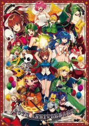 3boys 6+girls animal_collar anniversary apron archan arle_nadja armor arms_up arrow_(projectile) ascot balloon bandeau bell black_cape black_headband black_shirt blonde_hair blue_armor blue_boots blue_eyes blue_gloves blue_hair blue_skirt book boots bow bow_(weapon) breasts bridal_gauntlets brown_eyes brown_hair cape capelet carbuncle_(puyopuyo) character_doll chiko_(puyopuyo) closed_eyes closed_mouth coat collar commentary corset cup demon_boy demon_horns doll doppelganger_arle draco_centauros dragon dragon_(puyopuyo) dragon_girl dragon_horns dragon_wings drawing_bow dress everyone fangs feathered_wings fins fish fish_boy flask flute frilled_ascot frills frog gloves green_capelet green_coat green_dress green_eyes green_hair green_hat green_tea grey_hair hair_bow hand_up hands_up harpy_(puyopuyo) hat head_fins headband headdress highres holding holding_book holding_bow_(weapon) holding_cup holding_doll holding_flask holding_flute holding_instrument holding_mask holding_mop holding_staff holding_sword holding_weapon horns instrument interlocked_fingers jingle_bell kicking kikimora_(puyopuyo) kuroda_(kuro_yyy) liquid long_hair long_tongue looking_at_viewer looking_back magic maid maid_headdress mask medium_breasts medium_hair mermaid monster_girl mop multiple_boys multiple_girls music native_american_headdress neck_bell nohoho_(puyopuyo) one_eye_closed open_book open_mouth orange_dress own_hands_together phrygian_cap pink_hair playing_flute playing_instrument pointy_ears pom_pom_(clothes) ponytail potion puyopuyo puyopuyo_n red_armor red_bag red_bow red_dress red_eyes red_hat red_shorts rulue_(puyopuyo) satan_(puyopuyo) schezo_wegey serilly_(puyopuyo) shirt shoes short_hair shorts side_slit skeleton skeleton_t skirt sleeveless sleeveless_dress small_breasts smile staff standing suketoudara sword tea tongue tongue_out weapon white_apron white_ascot white_bandeau white_corset white_dress white_eyes wide_sleeves wings witch_(puyopuyo) yellow_eyes yellow_shoes yellow_wings
