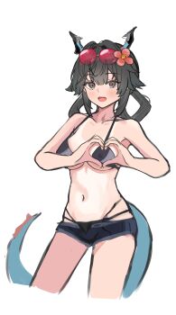 Rule 34 | 1girl, :d, absurdres, alternate costume, arknights, arknights: endfield, bikini, black bikini, black eyes, black hair, black horns, black shorts, blue tail, blush, chen qianyu (arknights), collarbone, commentary request, cropped legs, duda (duda1), eyewear on head, flower, hair flower, hair ornament, heart, heart hands, highres, horns, korean commentary, looking at viewer, medium hair, micro shorts, navel, open fly, open mouth, red-tinted eyewear, red flower, round eyewear, shorts, simple background, smile, solo, standing, swimsuit, tail, tan, tanline, tinted eyewear, unfinished, white background