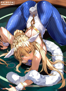 1girl all_fours animal_ears artoria_pendragon_(fate) artoria_pendragon_(swimsuit_ruler)_(fate) artoria_pendragon_(swimsuit_ruler)_(first_ascension)_(fate) ass bad_id bad_pixiv_id blonde_hair blue_pantyhose braid breasts club3 detached_collar fake_animal_ears fate/grand_order fate_(series) fishnet_pantyhose fishnets green_eyes hair_between_eyes hair_spread_out indoors large_breasts long_hair looking_at_viewer mouth_hold necktie pantyhose playboy_bunny ponytail rabbit_ears rabbit_tail shiny_skin sidelocks tail top-down_bottom-up