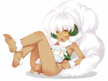 1girl barefoot between_legs blush censored convenient_censoring cottonee creature_and_personification dark-skinned_female dark_skin eyebrows fang feet female_focus full_body gen_5_pokemon hand_between_legs horns legs_up loli looking_at_viewer lying meito_(maze) moemon nintendo nude on_back open_mouth personification pokemon silver_hair simple_background soles solo toes whimsicott white_background yellow_eyes