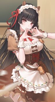 1girl animal_ears apron black_hair blunt_bangs blurry blurry_background blush breasts bright_pupils brown_dress charm_(object) chisa_(wuthering_waves) cleavage closed_mouth commentary dress fingernails hair_ribbon heart heart_hands highres horse_ears large_breasts long_hair looking_at_viewer maid_headdress mole mole_under_eye namipon_(wuthering_waves) official_alternate_costume red_eyes red_ribbon ribbon smile solo symbol-only_commentary very_long_hair white_pupils wuthering_waves zua_(2vziu)