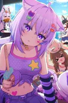 >_< 4girls absurdres ahoge animal_ear_piercing animal_ears black_choker black_hair blush braid breasts cat_ears cat_girl cat_tail choker closed_eyes collarbone commentary_request corn dog_ears dog_girl eyewear_on_head fingernails food fox_ears fox_girl hair_between_eyes highres holding holding_food holding_popsicle hololive holonatsu_paradise inugami_korone inugami_korone_(holonatsu_paradise) looking_at_viewer medium_breasts miofa_(ookami_mio) multicolored_hair multiple_girls nail_polish navel nekomata_okayu nekomata_okayu_(holonatsu_paradise) onigirya_(nekomata_okayu) ookami_mio ookami_mio_(holonatsu_paradise) open_mouth popsicle purple_nails red_hair shirakami_fubuki shirakami_fubuki_(holonatsu_paradise) short_sleeves smile sticker_on_hair stomach sukonbu_(shirakami_fubuki) tail tarakore_sauce twin_braids virtual_youtuber wolf_ears wolf_girl