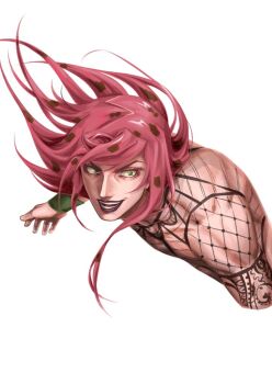 1boy cropped_torso diavolo fishnet_top fishnets green_eyes hashtag-only_commentary jacqueline9723 jojo_no_kimyou_na_bouken lips lipstick long_hair makeup male_focus pink_hair simple_background solo teeth vento_aureo white_background