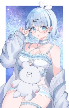 1girl black_bow blue_eyes blue_hair bow bow_earrings braid breasts choker collarbone commission crescent_in_eye earrings frilled_choker frills glasses hair_ornament hairpin highres jewelry multicolored_hair mumei_rinnka open_mouth project_nebula round_eyewear skeb_commission sleeves_past_wrists solo streaked_hair stuffed_animal stuffed_toy teddy_bear thigh_strap usui_yura virtual_youtuber white_choker white_hair