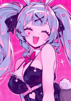 Rule 34 | 1girl, animal ear hairband, animal ears, black leotard, black pantyhose, blue hair, bow, bowtie, breasts, closed mouth, commentary, detached sleeves, facial mark, facing viewer, fake animal ears, hairband, hatsune miku, highres, leotard, long hair, looking at viewer, medium breasts, open mouth, pantyhose, parororo, pink background, rabbit ear hairband, rabbit ears, rabbit hole (vocaloid), rabbit tail, red bow, red bowtie, smile, tail, teardrop facial mark, teeth, twintails, upper teeth only, vocaloid