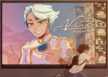 2boys backpack bag billboard blue_eyes bodysuit brooch brown_hair cape double_finger_gun english_text finger_gun gold_trim grin highres id_card jewelry lin_ling_(to_be_hero_x) male_focus multiple_boys nice_(to_be_hero_x) running shirt short_hair smile sweatdrop t-shirt to_be_hero to_be_hero_x white_bodysuit white_cape white_hair white_shirt whoseluca