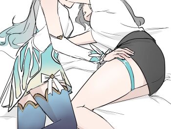 2girls arms_up black_skirt blue_dress blue_thighhighs bow breasts commentary detached_sleeves dress english_commentary fingernails firefly_(honkai:_star_rail) gradient_hair grey_hair highres honkai:_star_rail honkai_(series) long_hair long_sleeves lying medium_breasts miniskirt multicolored_hair multiple_girls on_bed on_side open_mouth shirt short_sleeves simple_background skirt sleeveless sleeveless_dress stelle_(honkai:_star_rail) t-shirt thigh_focus thigh_strap thighhighs thighs trailblazer_(honkai:_star_rail) trap_(trap_2023) two-tone_dress white_background white_bow white_dress white_shirt white_sleeves yuri